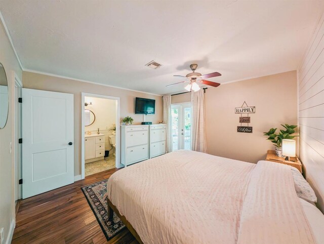 8635 La Butte Ln, Santee, CA 92071 - bedroom with dark wood-style floors, connected bathroom, crown molding, a ceiling fan, and access to outside