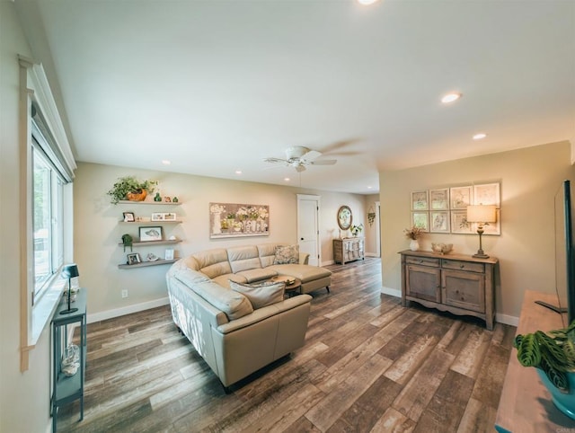 8635 La Butte Ln, Santee, CA 92071 - living area featuring a ceiling fan, recessed lighting, wood finished floors, and baseboards