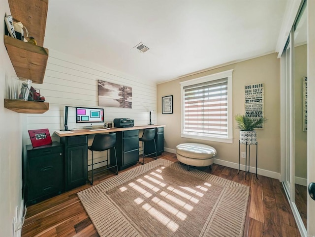 8635 La Butte Ln, Santee, CA 92071 - office area featuring dark wood-style floors, baseboards, and wooden walls