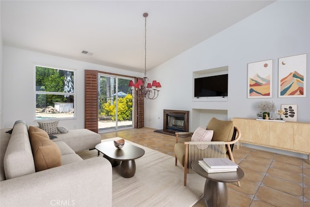 24563 Calle Perla, Murrieta, CA 92562 - living room with light tile patterned floors, a fireplace with raised hearth, and high vaulted ceiling