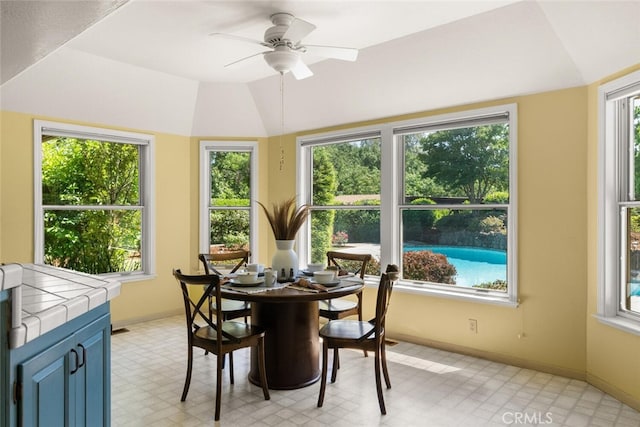 558 Paseo Companeros St, Chico, CA 95928 - dining space with light flooring, baseboards, lofted ceiling, and a ceiling fan
