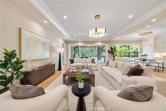 608 Arbolada Dr, Arcadia, CA 91006 - living room with a chandelier, a tray ceiling, light wood-type flooring, recessed lighting, and ornamental molding