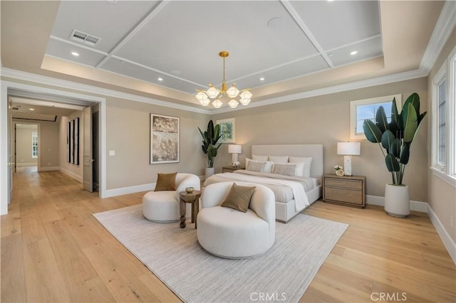 608 Arbolada Dr, Arcadia, CA 91006 - bedroom featuring coffered ceiling, light wood finished floors, ornamental molding, baseboards, and a chandelier