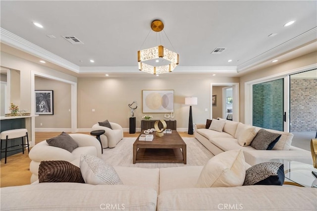 608 Arbolada Dr, Arcadia, CA 91006 - living area featuring crown molding, a tray ceiling, recessed lighting, light wood-style floors, and baseboards