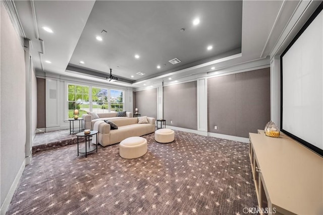 608 Arbolada Dr, Arcadia, CA 91006 - home theater with carpet, a raised ceiling, baseboards, recessed lighting, and ornamental molding