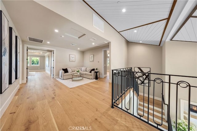608 Arbolada Dr, Arcadia, CA 91006 - hallway featuring an upstairs landing, light wood-style flooring, baseboards, and recessed lighting