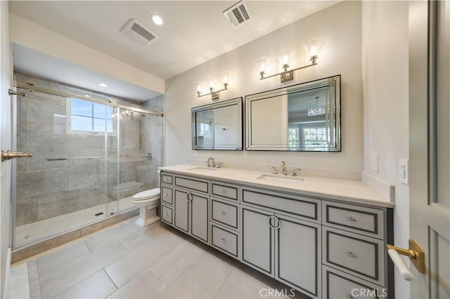 608 Arbolada Dr, Arcadia, CA 91006 - bathroom featuring double vanity, toilet, a shower stall, tile patterned floors, and recessed lighting