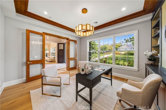 608 Arbolada Dr, Arcadia, CA 91006 - living area with a raised ceiling, light wood-type flooring, baseboards, ornamental molding, and recessed lighting