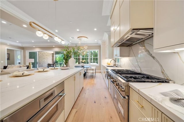 608 Arbolada Dr, Arcadia, CA 91006 - kitchen featuring light wood-style flooring, recessed lighting, pendant lighting, tasteful backsplash, and crown molding