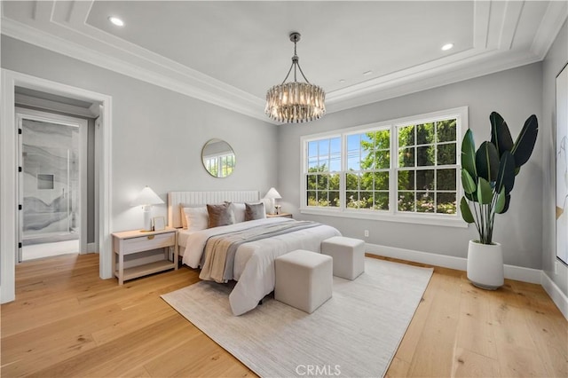 608 Arbolada Dr, Arcadia, CA 91006 - bedroom featuring ornamental molding, light wood finished floors, a chandelier, baseboards, and recessed lighting
