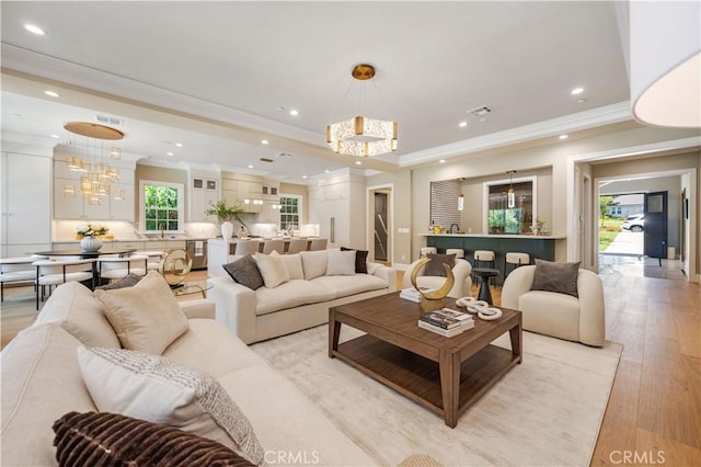 608 Arbolada Dr, Arcadia, CA 91006 - living area featuring a chandelier, ornamental molding, light wood-style floors, recessed lighting, and a tray ceiling
