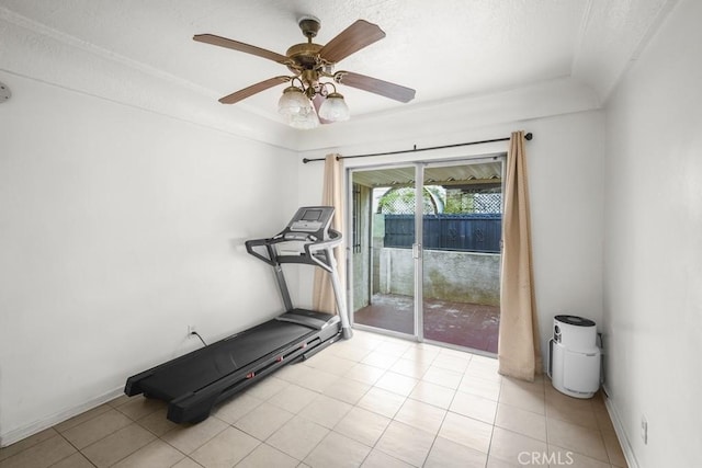 2946 Missouri Ave, South Gate, CA 90280 - exercise room featuring light tile patterned flooring, baseboards, ceiling fan, and a textured ceiling