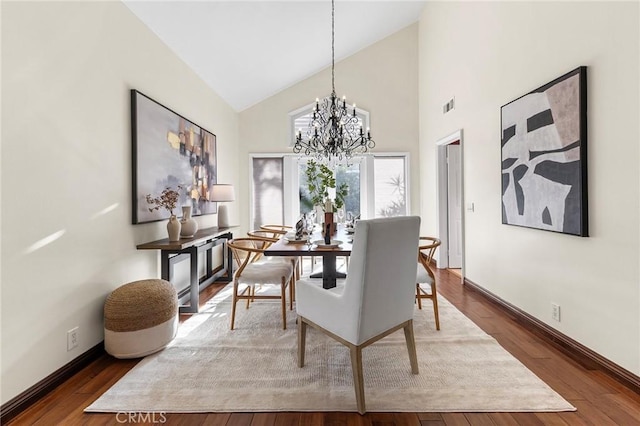 2712 N Roxbury St, Orange, CA 92867 - dining area with a chandelier, baseboards, high vaulted ceiling, and wood finished floors