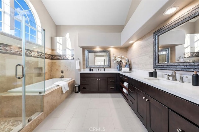 2712 N Roxbury St, Orange, CA 92867 - bathroom featuring double vanity, a garden tub, a stall shower, and tile patterned flooring