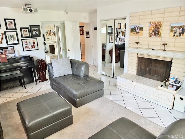 251 W Markland Dr, Monterey Park, CA 91754 - living room featuring a brick fireplace and light tile patterned floors