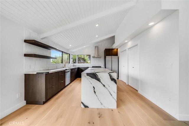 1450 Terrace Way, Laguna Beach, CA 92651 - kitchen featuring wall chimney exhaust hood, stainless steel appliances, modern cabinets, a kitchen island, and dark brown cabinetry