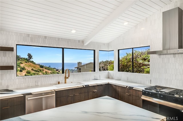 1450 Terrace Way, Laguna Beach, CA 92651 - kitchen featuring wall chimney range hood, gas range oven, stainless steel dishwasher, modern cabinets, and dark brown cabinetry