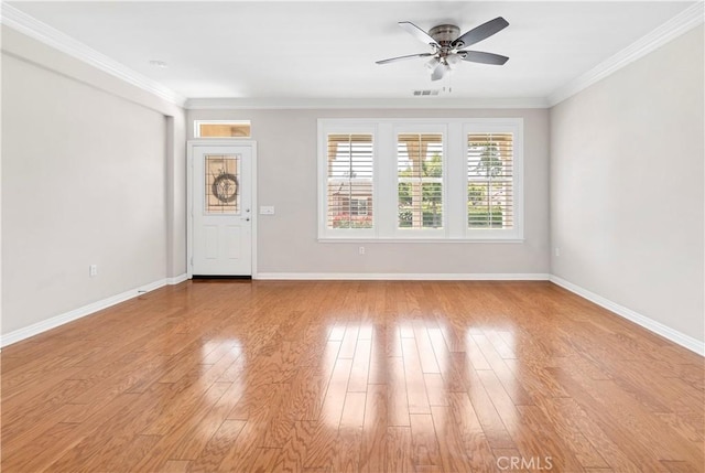 243 Firestone, Hemet, CA 92545 - unfurnished living room featuring a ceiling fan, crown molding, baseboards, and light wood-type flooring