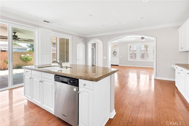 243 Firestone, Hemet, CA 92545 - kitchen featuring dishwasher, a sink, arched walkways, crown molding, and light wood finished floors