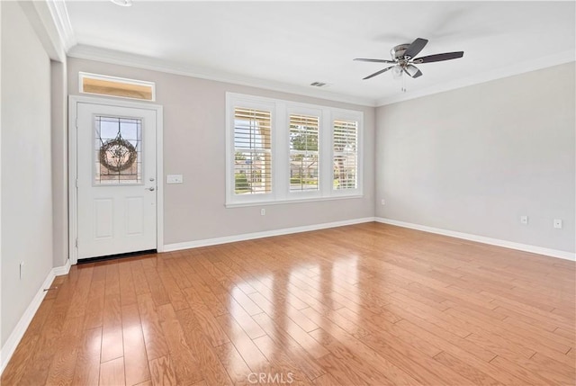 243 Firestone, Hemet, CA 92545 - entryway with crown molding, ceiling fan, light wood-style floors, and baseboards