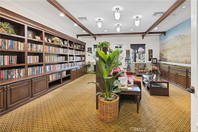 243 Firestone, Hemet, CA 92545 - sitting room with beam ceiling, light carpet, recessed lighting, and a wainscoted wall