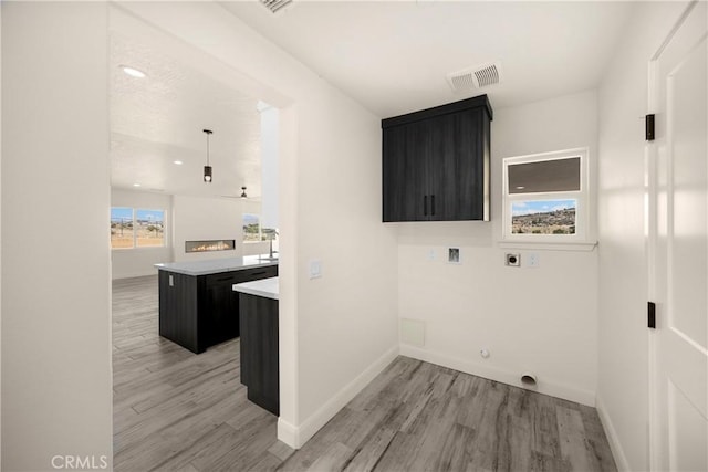 9641 Buena Vista St, Apple Valley, CA 92308 - laundry room with electric dryer hookup, cabinet space, light wood-style floors, and baseboards