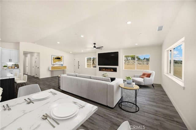9641 Buena Vista St, Apple Valley, CA 92308 - living room featuring lofted ceiling, dark wood-type flooring, a ceiling fan, and recessed lighting