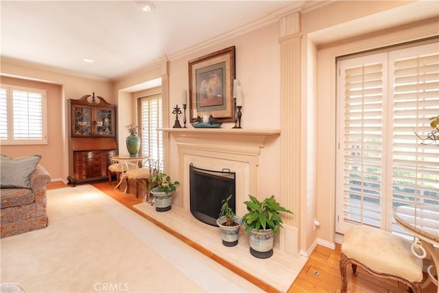 3152 Parkside Dr, San Bernardino, CA 92404 - living area featuring wood finished floors, ornamental molding, baseboards, and a fireplace