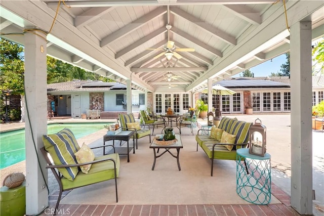 3152 Parkside Dr, San Bernardino, CA 92404 - view of patio / terrace featuring an outdoor hangout area, an outdoor pool, ceiling fan, and french doors