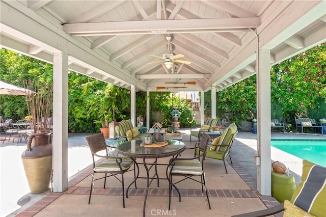 3152 Parkside Dr, San Bernardino, CA 92404 - view of patio / terrace featuring outdoor dining area, ceiling fan, and an outdoor pool