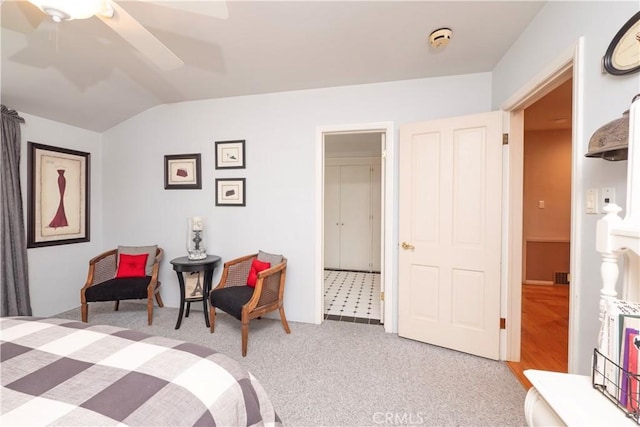 3152 Parkside Dr, San Bernardino, CA 92404 - bedroom with vaulted ceiling, ceiling fan, and light colored carpet