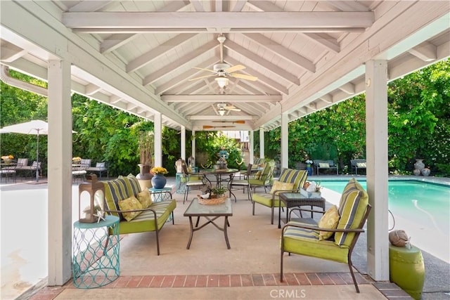 3152 Parkside Dr, San Bernardino, CA 92404 - view of patio with ceiling fan, an outdoor pool, an outdoor living space, and outdoor dining space
