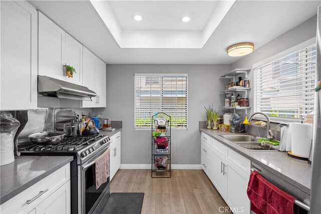 5223 Rosemead Blvd Unit F, San Gabriel, CA 91776 - kitchen with under cabinet range hood, a sink, gas range, a tray ceiling, and light wood-style floors
