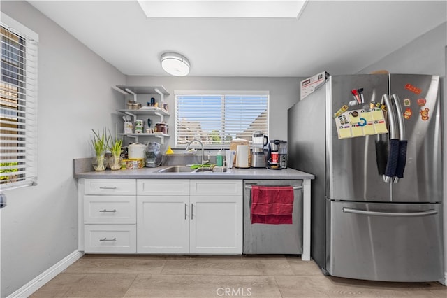 5223 Rosemead Blvd Unit F, San Gabriel, CA 91776 - kitchen featuring appliances with stainless steel finishes, a sink, white cabinetry, baseboards, and open shelves