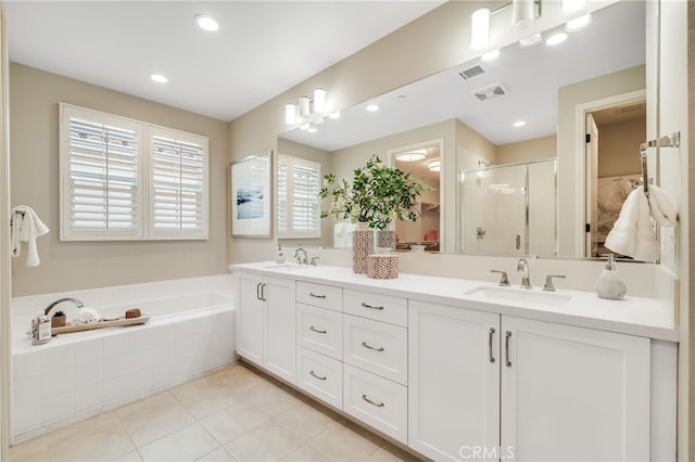 126 Paxton, Irvine, CA 92620 - bathroom with double vanity, a stall shower, a garden tub, tile patterned flooring, and recessed lighting