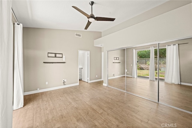 27054 Riversbridge Way, Valencia, CA 91354 - unfurnished bedroom with wood finished floors, high vaulted ceiling, and ceiling fan