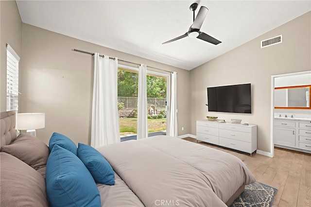 27054 Riversbridge Way, Valencia, CA 91354 - bedroom featuring lofted ceiling, light wood finished floors, a ceiling fan, and connected bathroom
