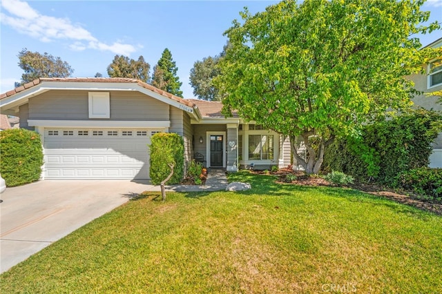 27054 Riversbridge Way, Valencia, CA 91354 - ranch-style house with a tile roof, concrete driveway, an attached garage, and a front lawn