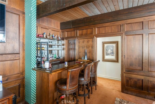 166 Opal Canyon Rd, Duarte, CA 91010 - indoor dry bar featuring carpet, baseboards, wooden walls, and wooden ceiling with exposed beams