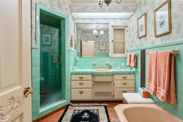 166 Opal Canyon Rd, Duarte, CA 91010 - bathroom with wallpapered walls, tile walls, vanity, a stall shower, and a chandelier