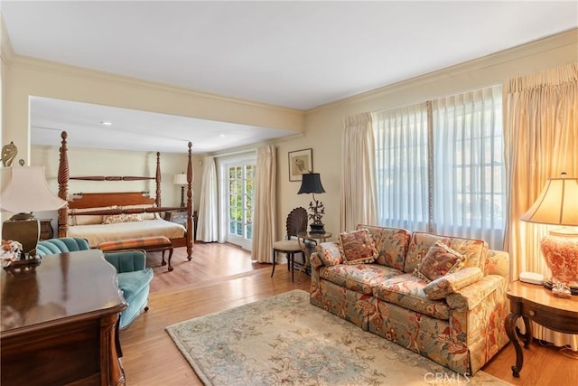 166 Opal Canyon Rd, Duarte, CA 91010 - bedroom with crown molding, light wood-style floors, and access to exterior