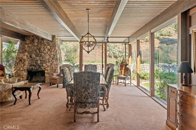 166 Opal Canyon Rd, Duarte, CA 91010 - sunroom / solarium featuring carpet, a chandelier, plenty of natural light, and wooden ceiling with exposed beams
