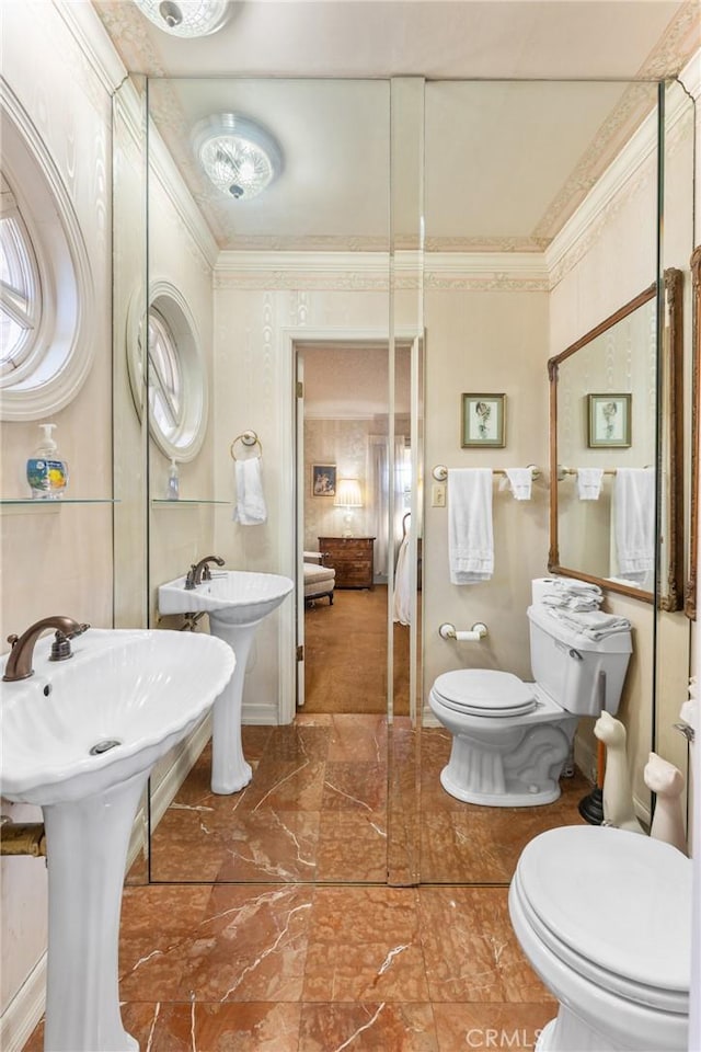 166 Opal Canyon Rd, Duarte, CA 91010 - bathroom with toilet, ornamental molding, marble finish floors, and a sink