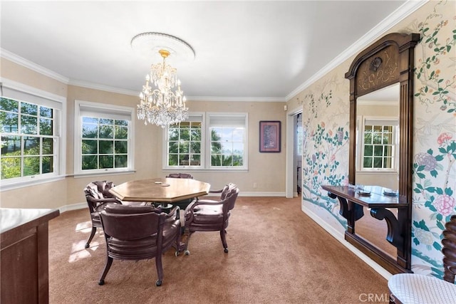 166 Opal Canyon Rd, Duarte, CA 91010 - carpeted dining area with plenty of natural light, a chandelier, baseboards, ornamental molding, and wallpapered walls