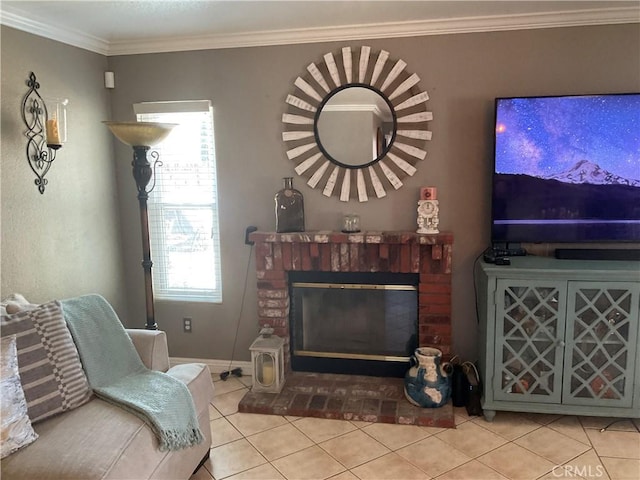 17911 Juniper St, Adelanto, CA 92301 - tiled living room with a fireplace, crown molding, and baseboards