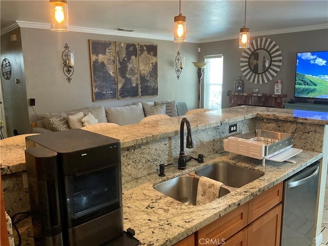 17911 Juniper St, Adelanto, CA 92301 - kitchen with a sink, stainless steel dishwasher, open floor plan, hanging light fixtures, and ornamental molding