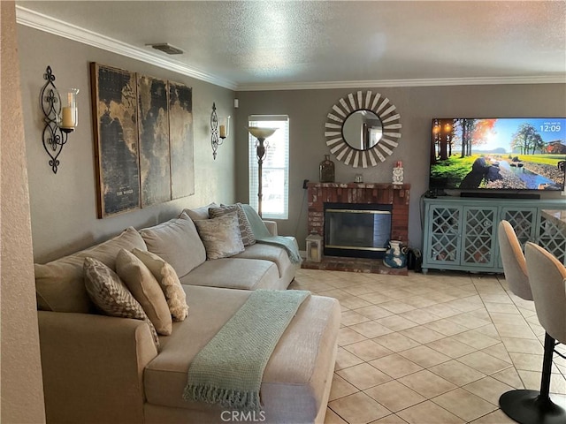 17911 Juniper St, Adelanto, CA 92301 - living area featuring light tile patterned floors, ornamental molding, a brick fireplace, and a textured ceiling