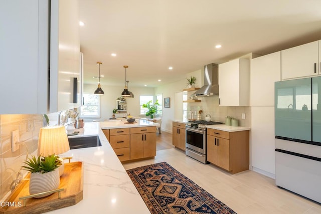 1906 S Meridian Ave, Alhambra, CA 91803 - kitchen with gas stove, wall chimney exhaust hood, backsplash, decorative light fixtures, and recessed lighting