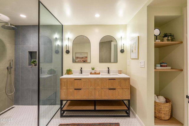 1906 S Meridian Ave, Alhambra, CA 91803 - full bathroom featuring a walk in shower, double vanity, and tile patterned floors