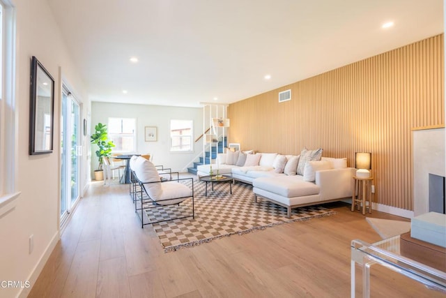 1906 S Meridian Ave, Alhambra, CA 91803 - living room with stairway, wood finished floors, baseboards, and recessed lighting